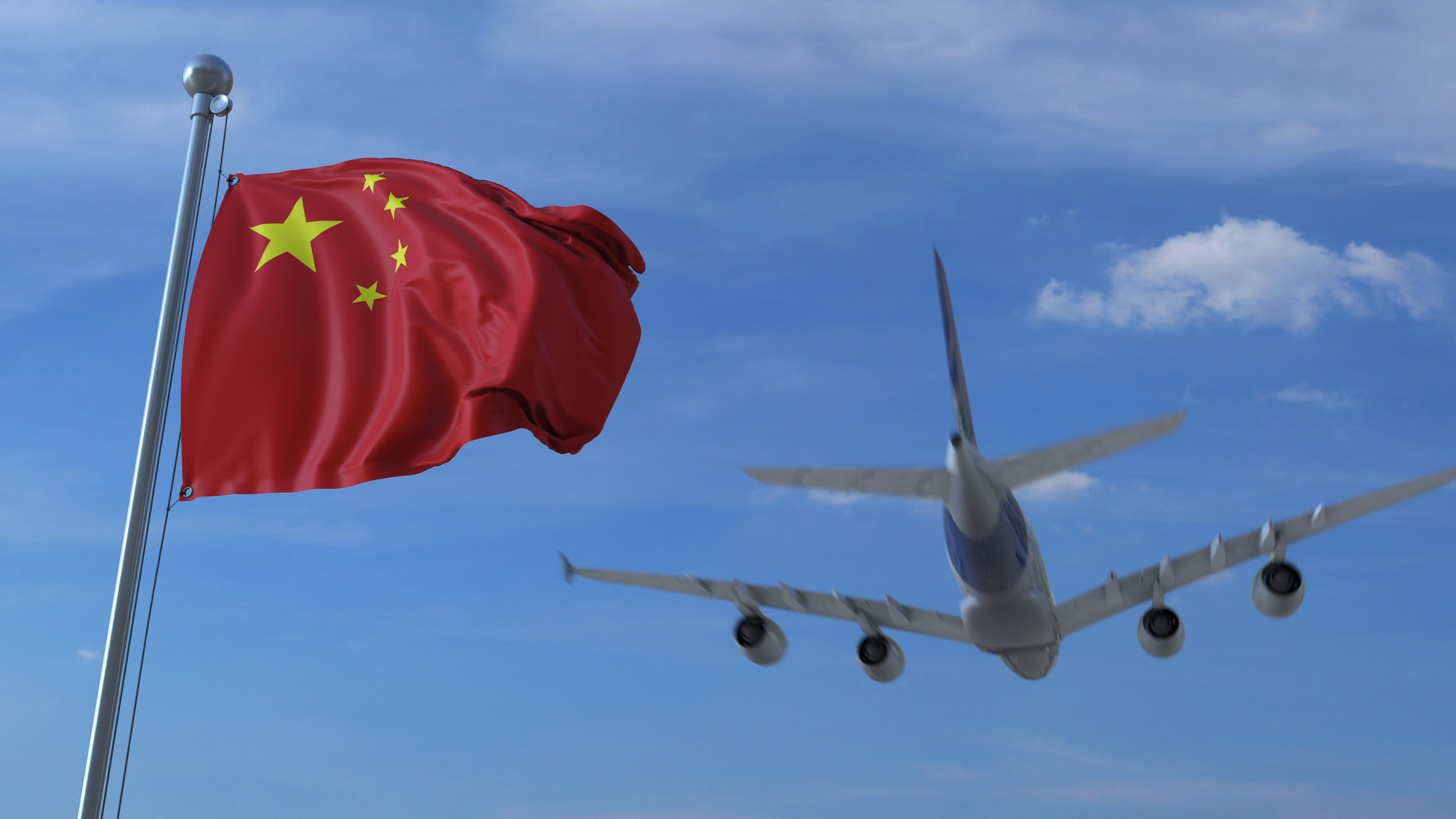Commercial airplane landing behind waving Chinese flag. Travel to China conceptual 3D rendering